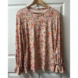 Acting Pro Top Women Large Floral Ribbed Stretchy Blouse Long Bell Sleeve Floral